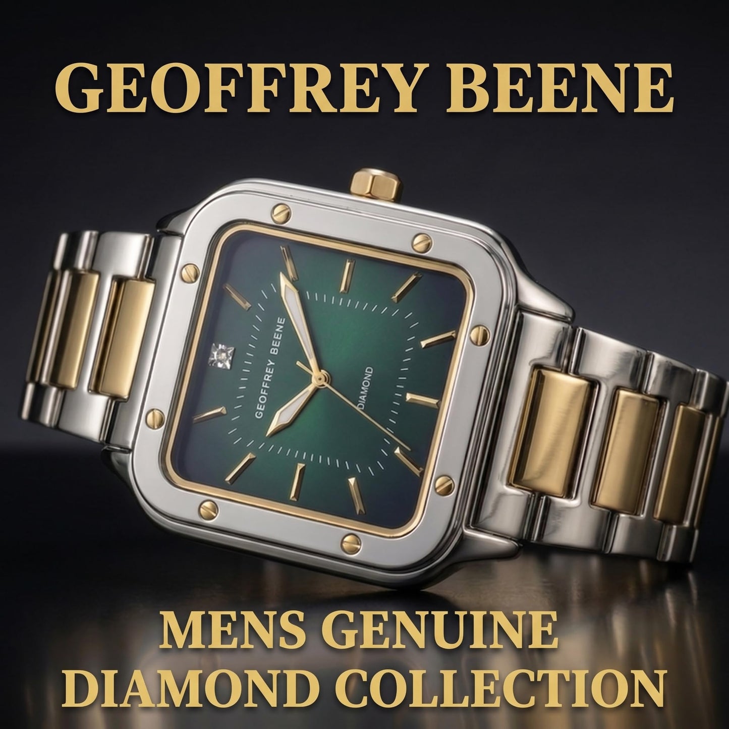 Geoffrey Beene Men’s Cushion Two Tone Watch 41mm Green Gradient Sunray Dial Bracelet Diamond Accent