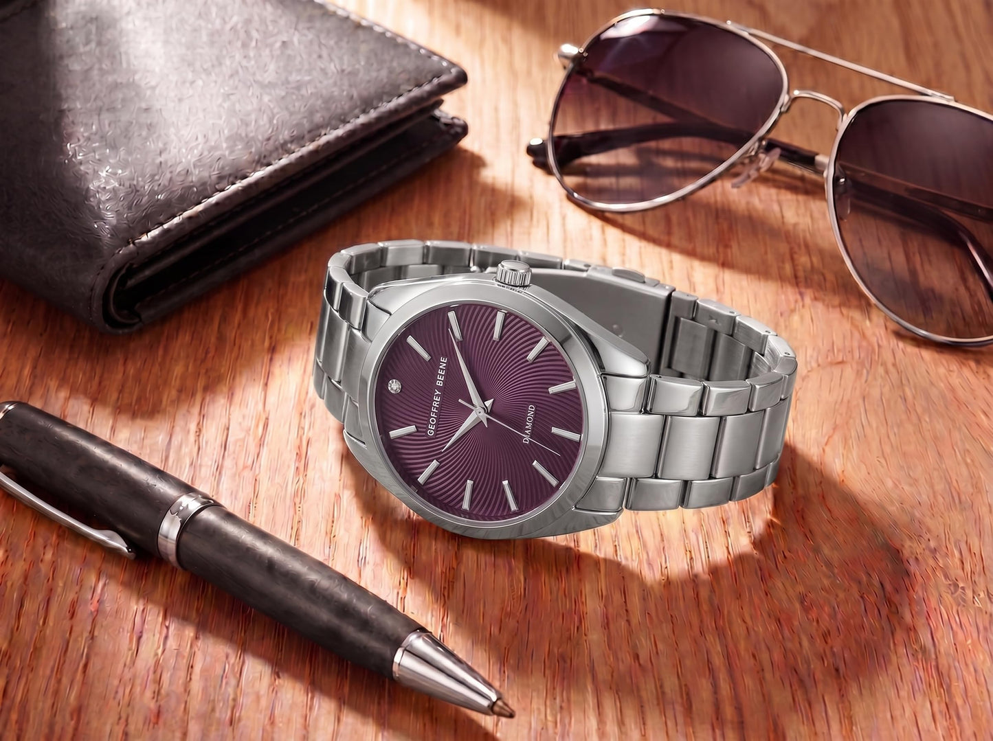 Geoffrey Beene Men’s Round Silver Watch 41mm Aubergine Textured Dial Bracelet Diamond Accent