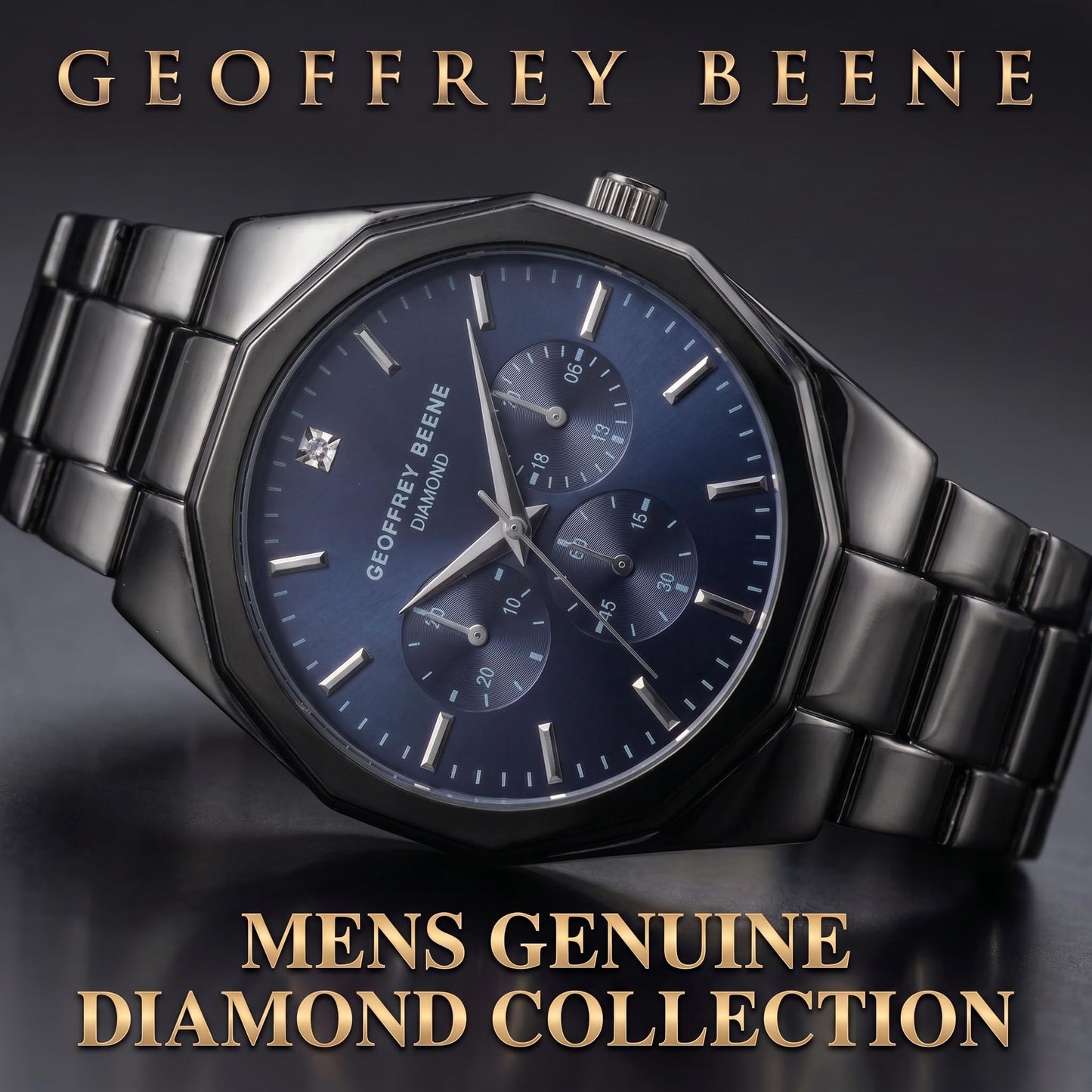 Geoffrey Beene Men’s Round Gunmetal Watch 43mm Blue Sunray Dial Bracelet Diamond Accent