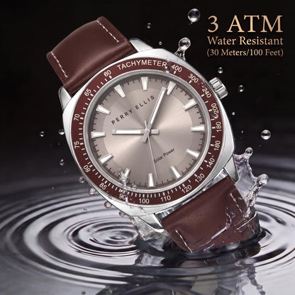Perry Ellis Solar Powered Men's Watch – Vegan Leather Analog Wrist Watch for Men, Water-Resistant 43mm with Aluminum Tachymeter Bezel, Elegant Gift Choice