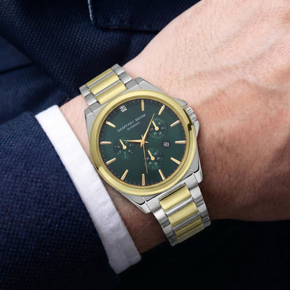 Geoffrey Beene Men’s Round Two Tone Watch 43mm Dark Teal Sunray Dial Bracelet Diamond Accent