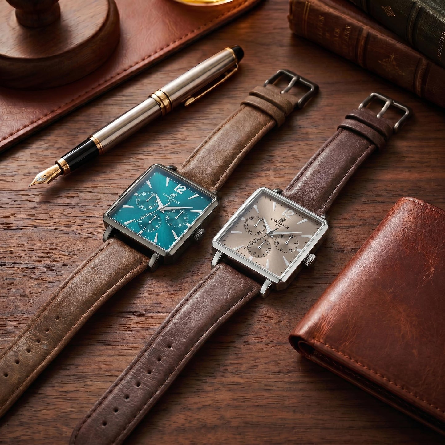 CARIBBEAN JOE Men’s Watch, 38mm Cushion Case, Light Gunmetal, Teal Green Sunray Dial, Decorative Dial Markers, Dark Brown PU Strap