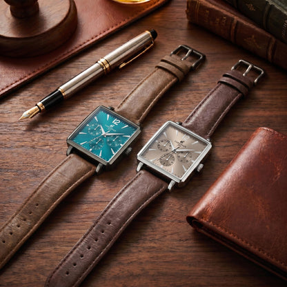 CARIBBEAN JOE Men’s Watch, 38mm Cushion Case, Light Gunmetal, Teal Green Sunray Dial, Decorative Dial Markers, Dark Brown PU Strap