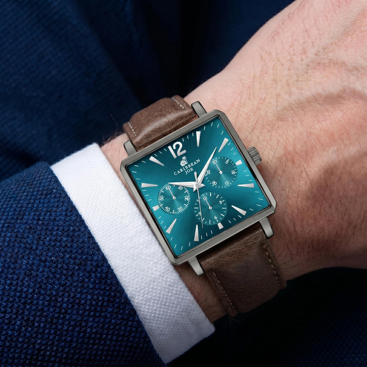 CARIBBEAN JOE Men’s Watch, 38mm Cushion Case, Light Gunmetal, Teal Green Sunray Dial, Decorative Dial Markers, Dark Brown PU Strap