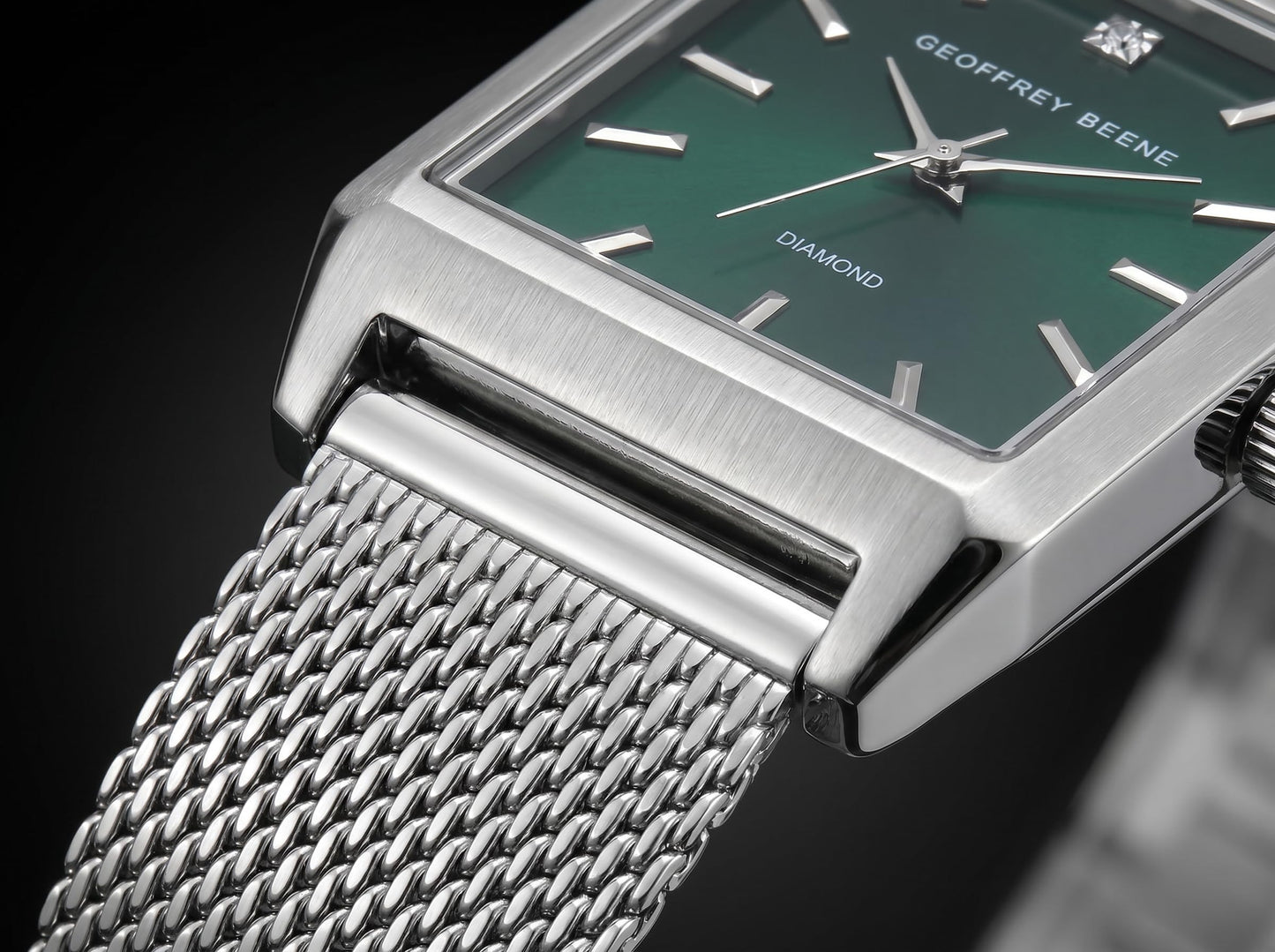 Geoffrey Beene Men’s Rectangular Silver Watch 33mm Teal Sunray Dial Mesh Bracelet Diamond Accent