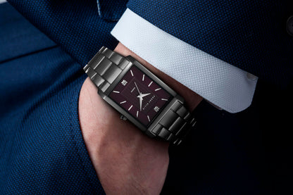 Perry Ellis Ultra Slim Men's Watch – Rectangular Gunmetal, Aubergine Textured Dial with Diamond Accents, Silver Faceted Indexes, Gunmetal Stretch Bracelet, Quartz Analog Fashion Accessory