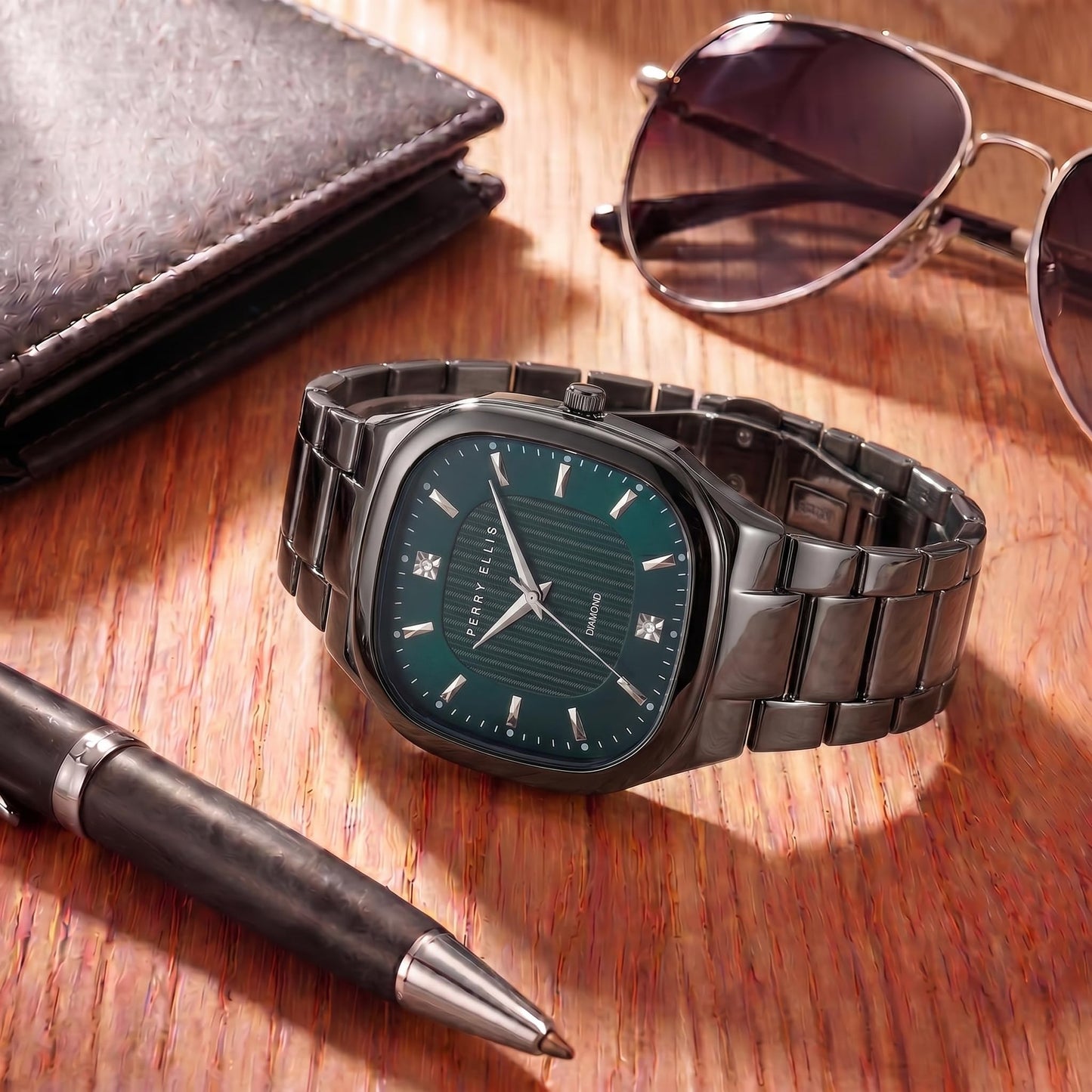 Perry Ellis Ultra Slim Men’s Watch – Cushion Light Gun 40mm Case, Teal Blue Hydraulic Press Center Dial with Sunray Finish, Two 0.9mm Diamond Accents, Silver Faceted Indexes, Alloy Bracelet