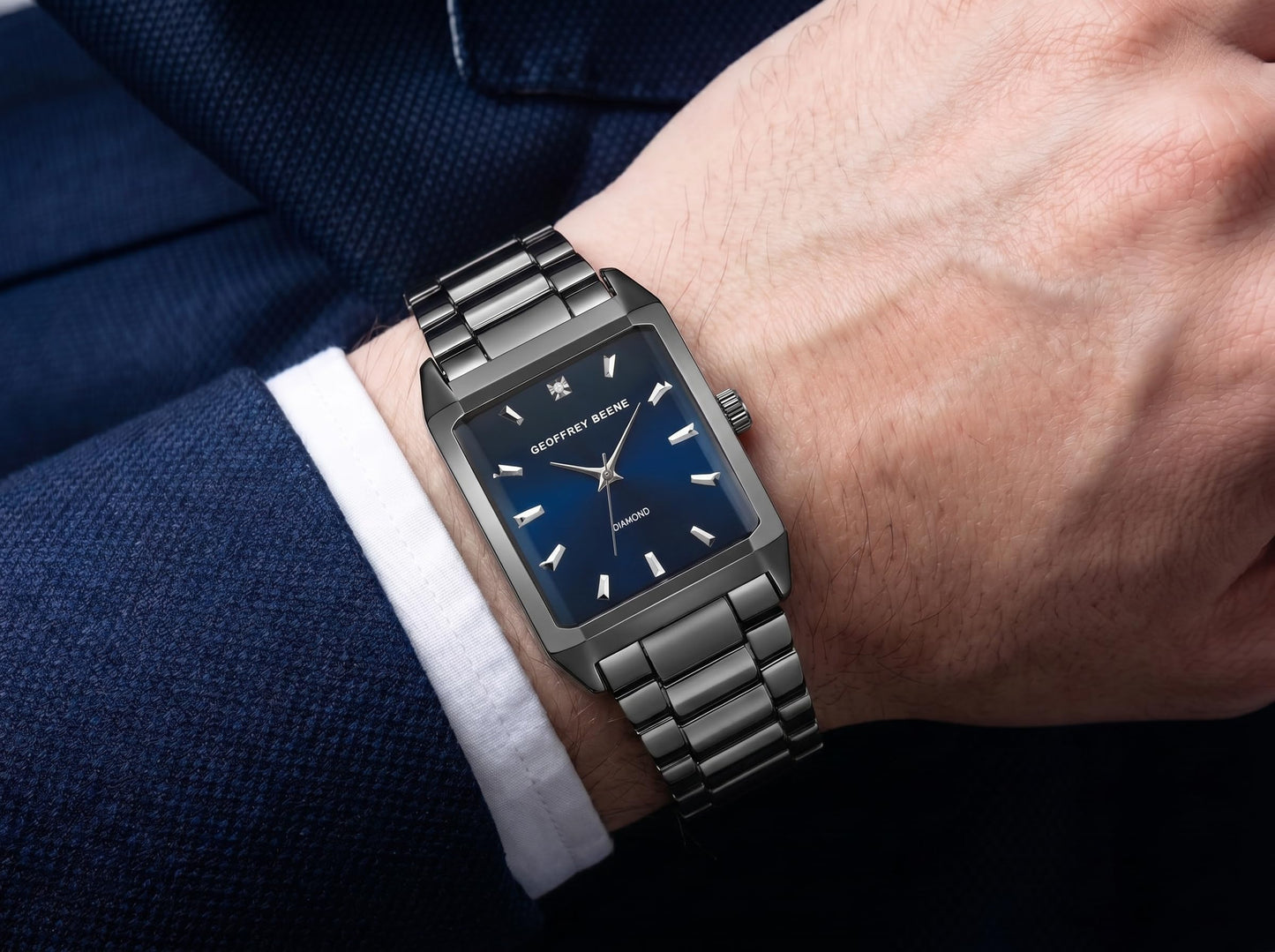 Geoffrey Beene Men’s Rectangular Gunmetal Watch 34mm Blue Sunray Dial Bracelet Diamond Accent