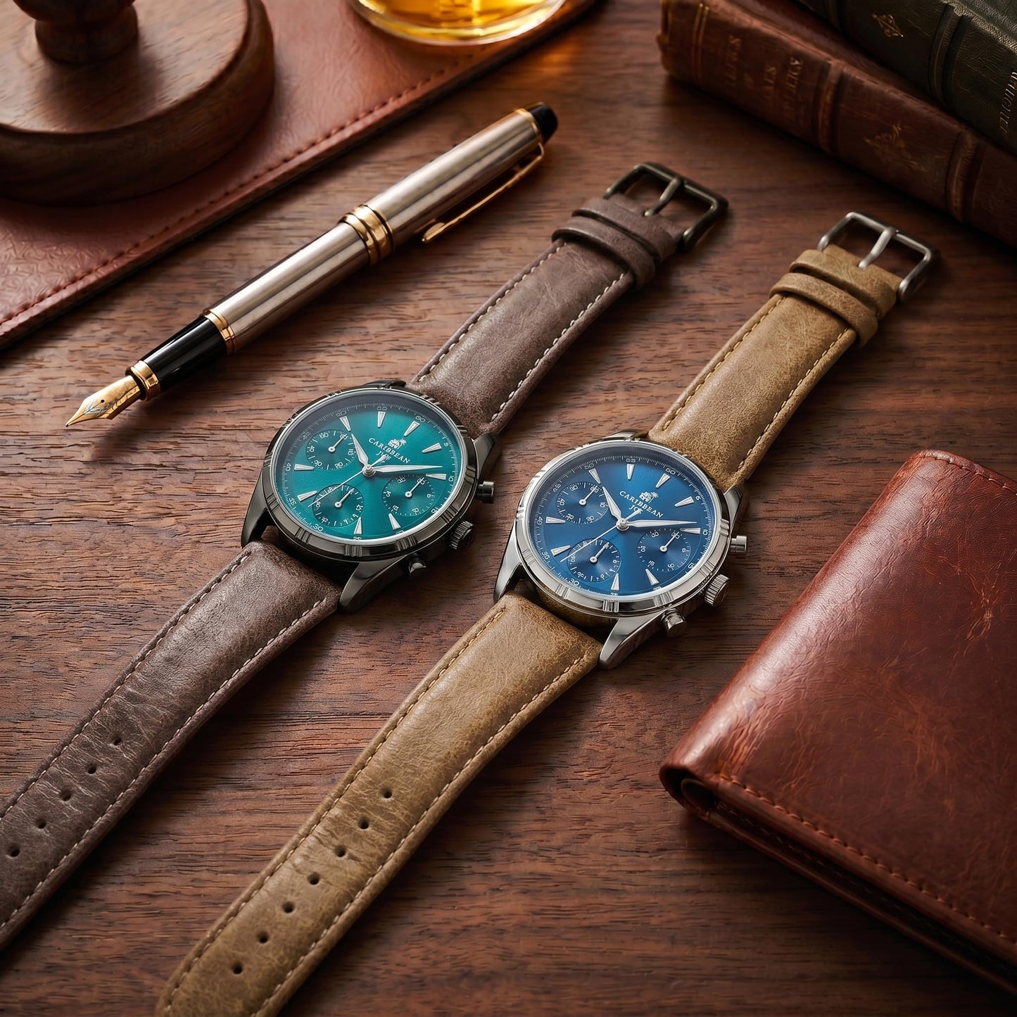 CARIBBEAN JOE Men’s Watch, 41mm Round Case, Silvertone, Blue Sunray Dial, Triangle Luminous Markers, Decorative Dial Markers, Brown PU Strap