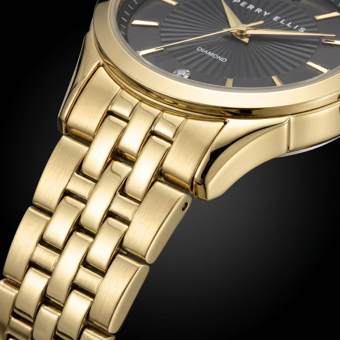 Perry Ellis Ultra Slim Men’s Round Gold Watch 41mm Black Textured Dial Bracelet Diamond Accent