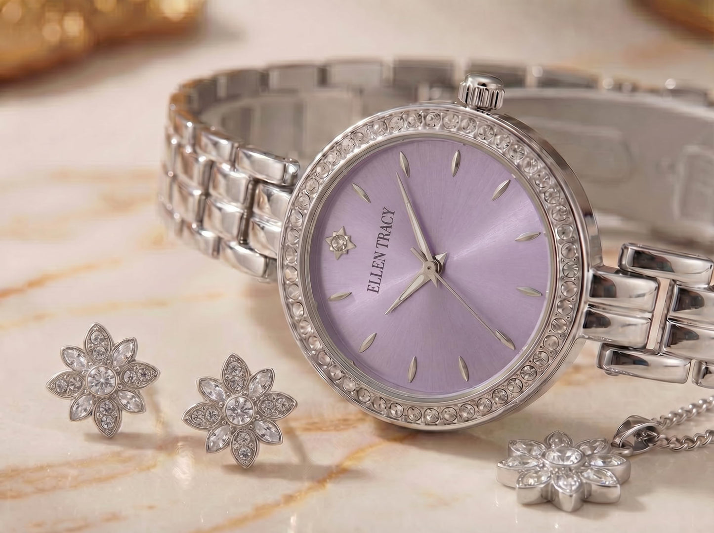 ELLEN TRACY Women's 25mm Round Silvertone Watch and Jewelry Gift Set, Lavender Dial, Crystal Accents