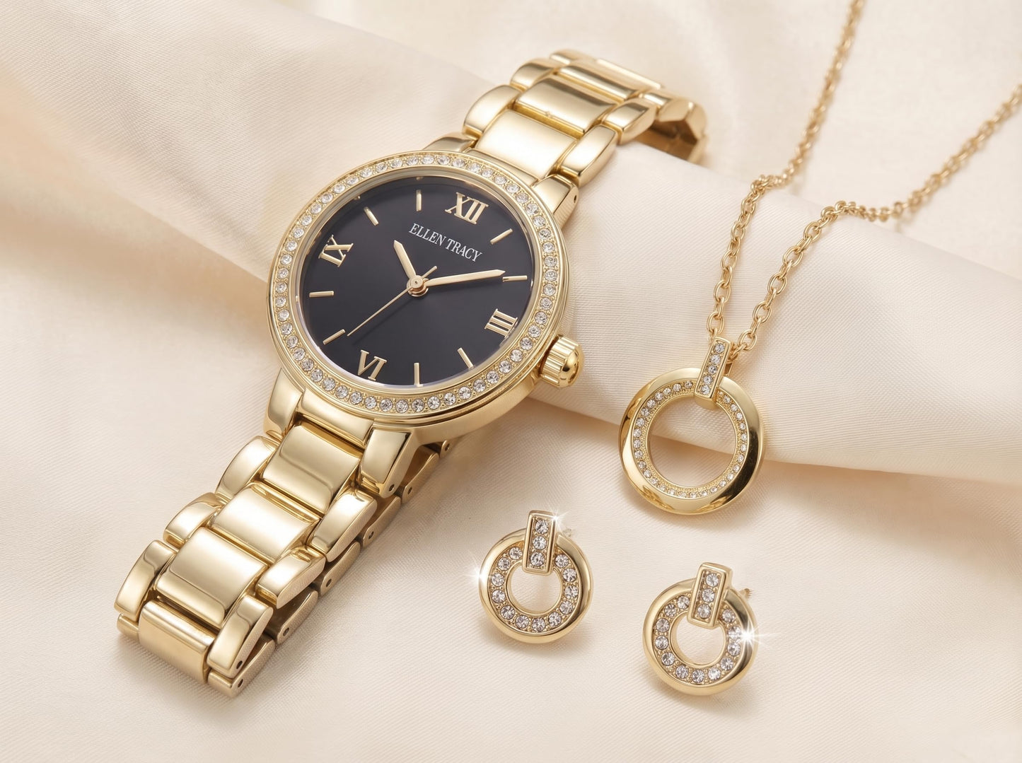 ELLEN TRACY Women's 28mm Round Goldtone Watch and Jewelry Gift Set, Black Dial, Crystal Accents