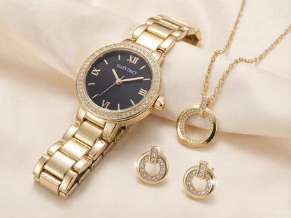 ELLEN TRACY Women's 28mm Round Goldtone Watch and Jewelry Gift Set, Black Dial, Crystal Accents