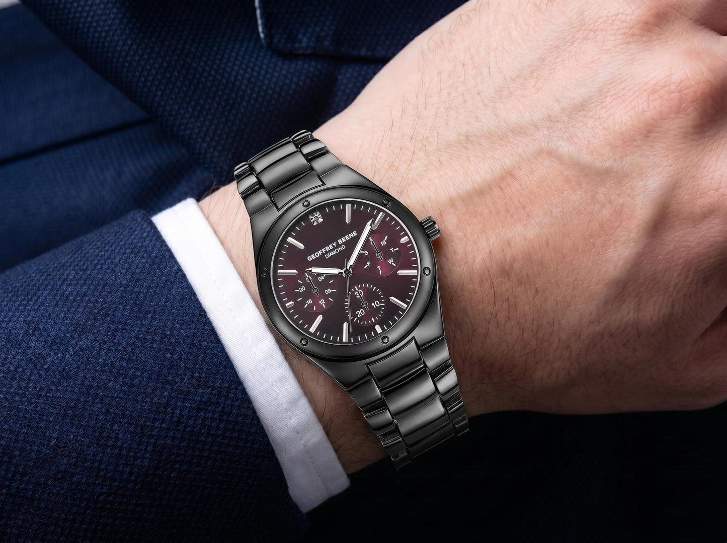 Geoffrey Beene Men’s Round Gunmetal Watch 42mm Aubergine Sunray Dial Bracelet Diamond Accent