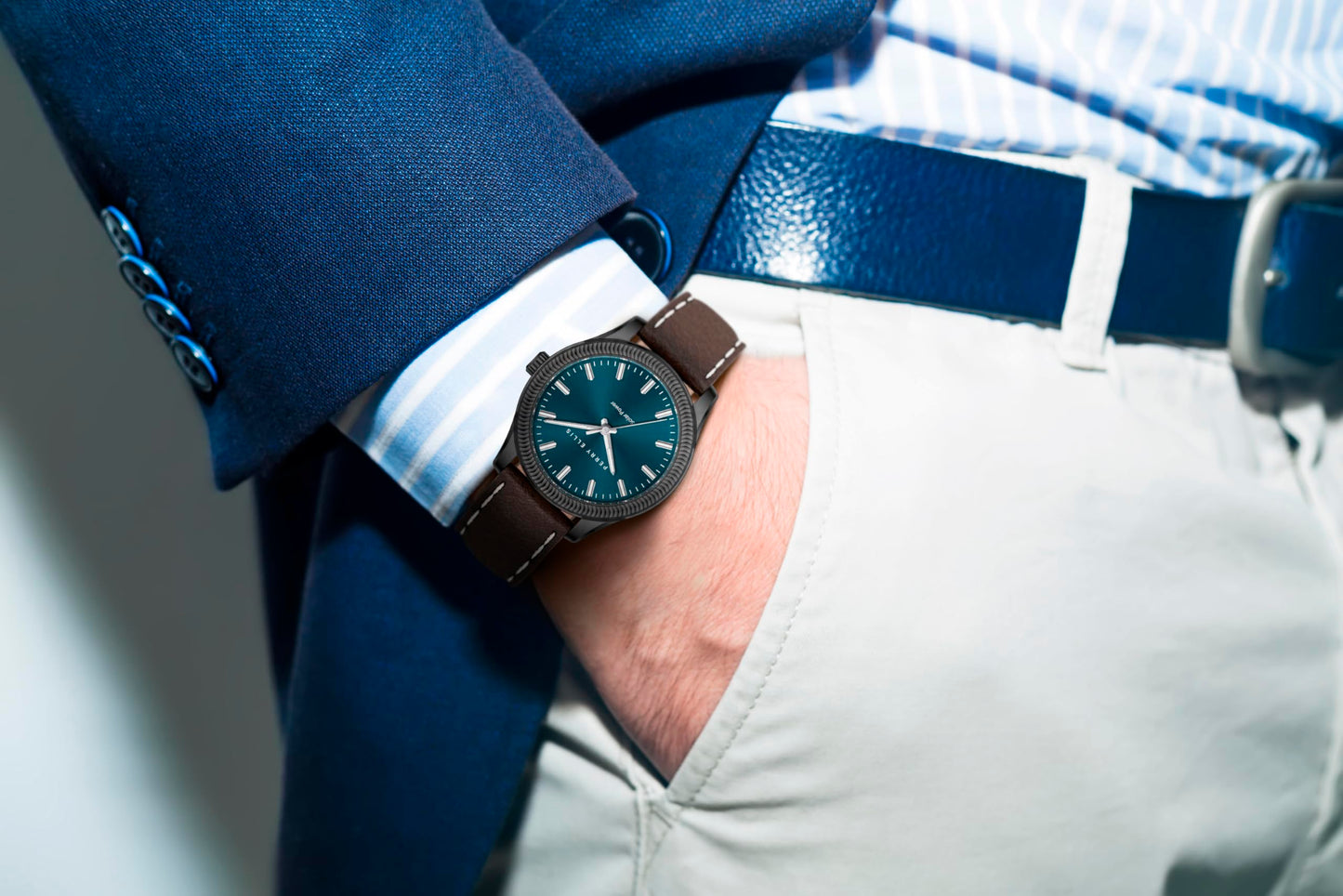 Perry Ellis Men's Solar Watch – Round Gunmetal, Dark Teal Sunray Dial with Luminous Hands, Adjustable Brown Leather Strap, Water Resistant 3ATM, Quartz Analog Fashion Accessory
