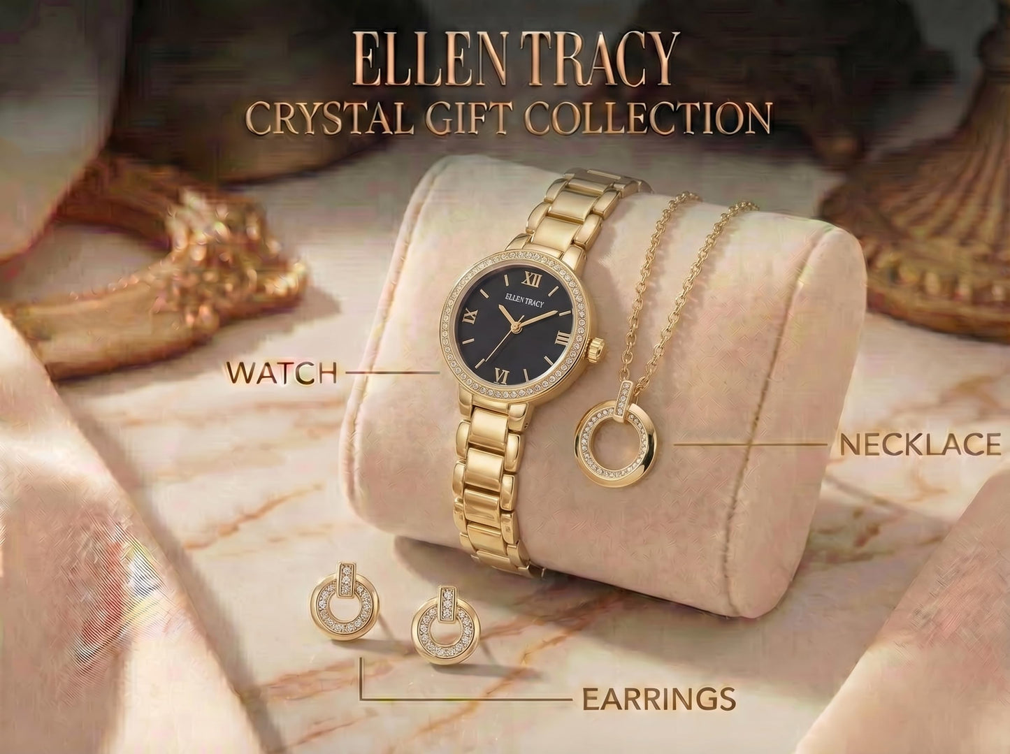 ELLEN TRACY Women's 28mm Round Goldtone Watch and Jewelry Gift Set, Black Dial, Crystal Accents