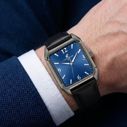 CARIBBEAN JOE Men’s Watch, 36mm Rectangular Case, Light Gunmetal, Blue Sunray Dial, Luminous Indexes, Black PU Strap