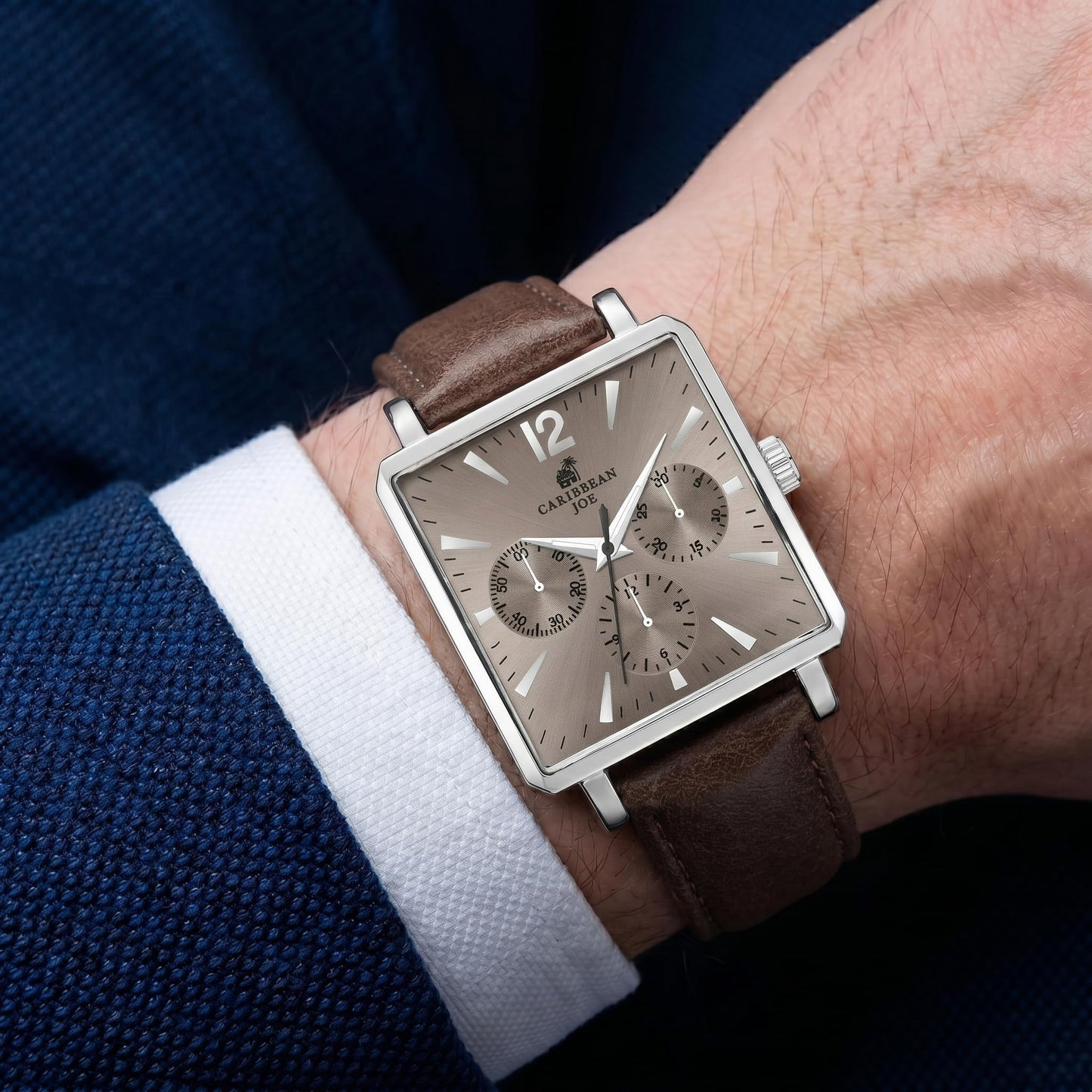 CARIBBEAN JOE Men’s Watch, 38mm Cushion Case, Silvertone, Taupe Sunray Dial, Decorative Dial Markers, Brown Gray PU Strap