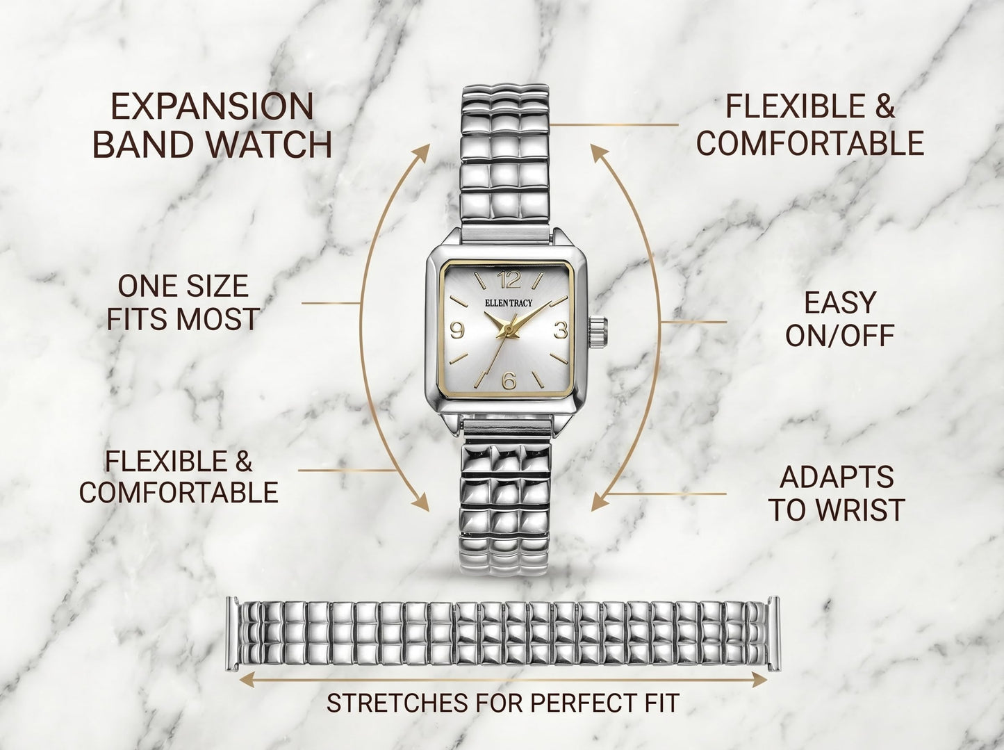 ELLEN TRACY Women's 33mm Square Silvertone Watch, Silver Dial, Expansion Band