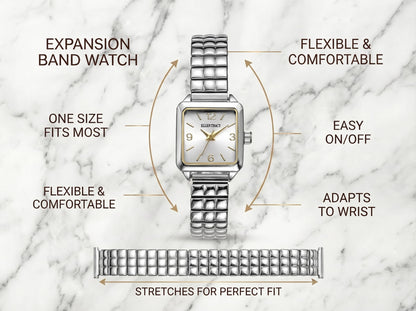ELLEN TRACY Women's 33mm Square Silvertone Watch, Silver Dial, Expansion Band