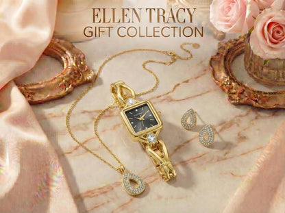 ELLEN TRACY Women's 20mm Rectangle Goldtone Watch and Jewelry Gift Set, Black Dial, Crystal Accents