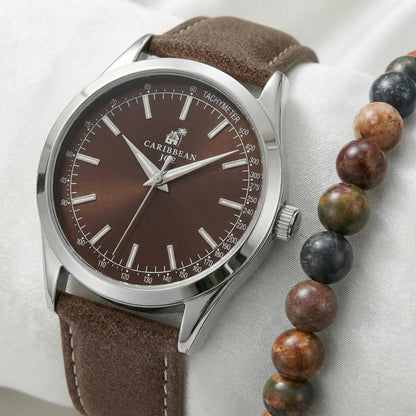 CARIBBEAN JOE Men’s Watch & Red Creek Jasper Beaded Bracelet Set – 41mm Silver-Tone Case, Gray Sunray Dial, Luminous Silver-Tone Bar Markers, Brown PU Strap, 8mm Natural Stone 8” Bracelet