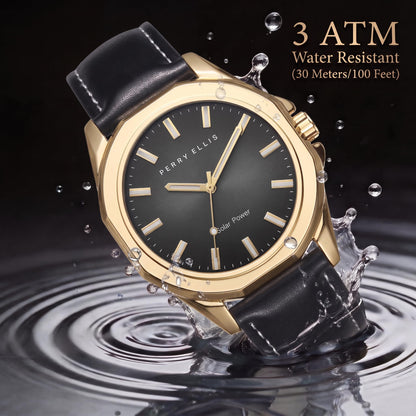 Perry Ellis Solar Powered Mens Watch | Vegan Leather Water-Resistant Analog Wrist Watches for Men | 42mm Case | Relojes para Hombres | Elegant Gift for Man (Gold)