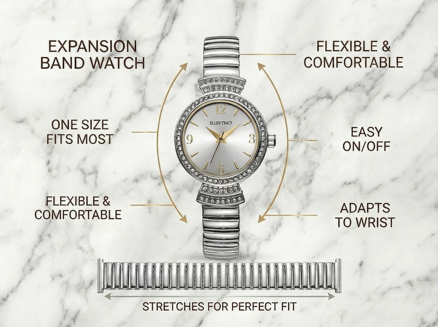 ELLEN TRACY Women's 30mm Round Silvertone Watch, Silver Dial, Crystal Accents, Expansion Band