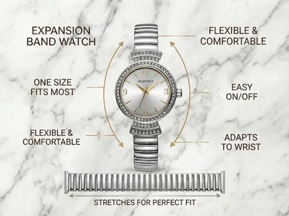 ELLEN TRACY Women's 30mm Round Silvertone Watch, Silver Dial, Crystal Accents, Expansion Band
