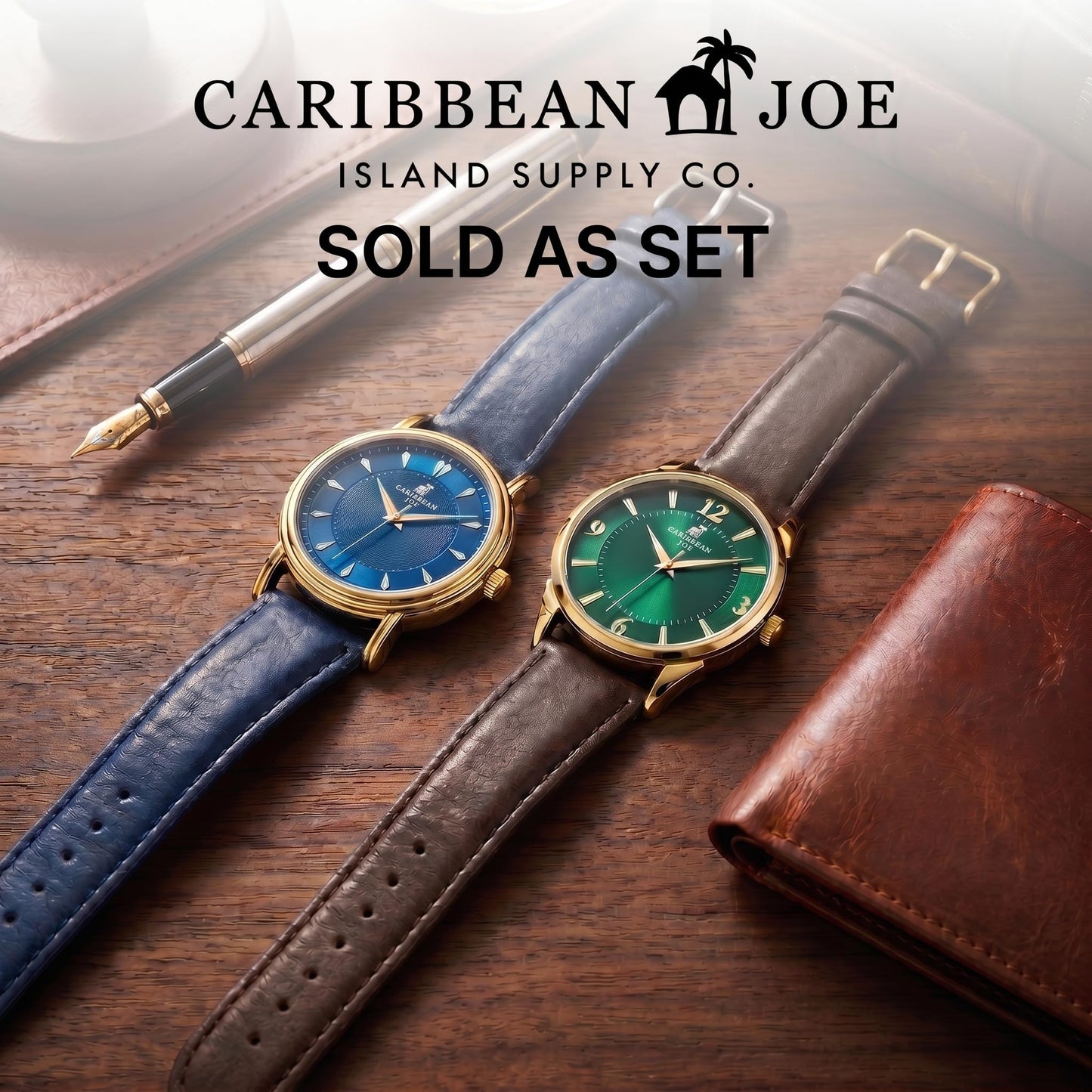 CARIBBEAN JOE Men’s Watch Set, 41mm + 40mm Goldtone Cases, Blue & Green Sunray Dials, Luminous Indexes, PU Straps