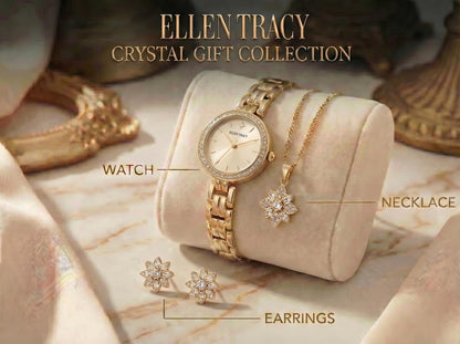 ELLEN TRACY Women's 25mm Round Goldtone Watch and Jewelry Gift Set, Champagne Dial, Crystal Accents