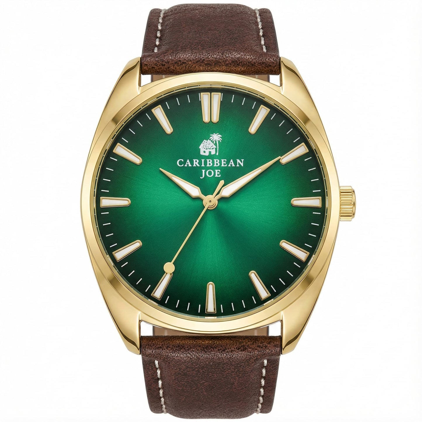 Caribbean Joe Men’s Analog Watch with Gold-Tone 41mm Case, Green Degrade Sunray Dial, Brown PU Leather Strap, Quartz Movement, Casual Dress Fashion Wrist Watch