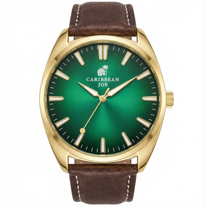 Caribbean Joe Men’s Analog Watch with Gold-Tone 41mm Case, Green Degrade Sunray Dial, Brown PU Leather Strap, Quartz Movement, Casual Dress Fashion Wrist Watch