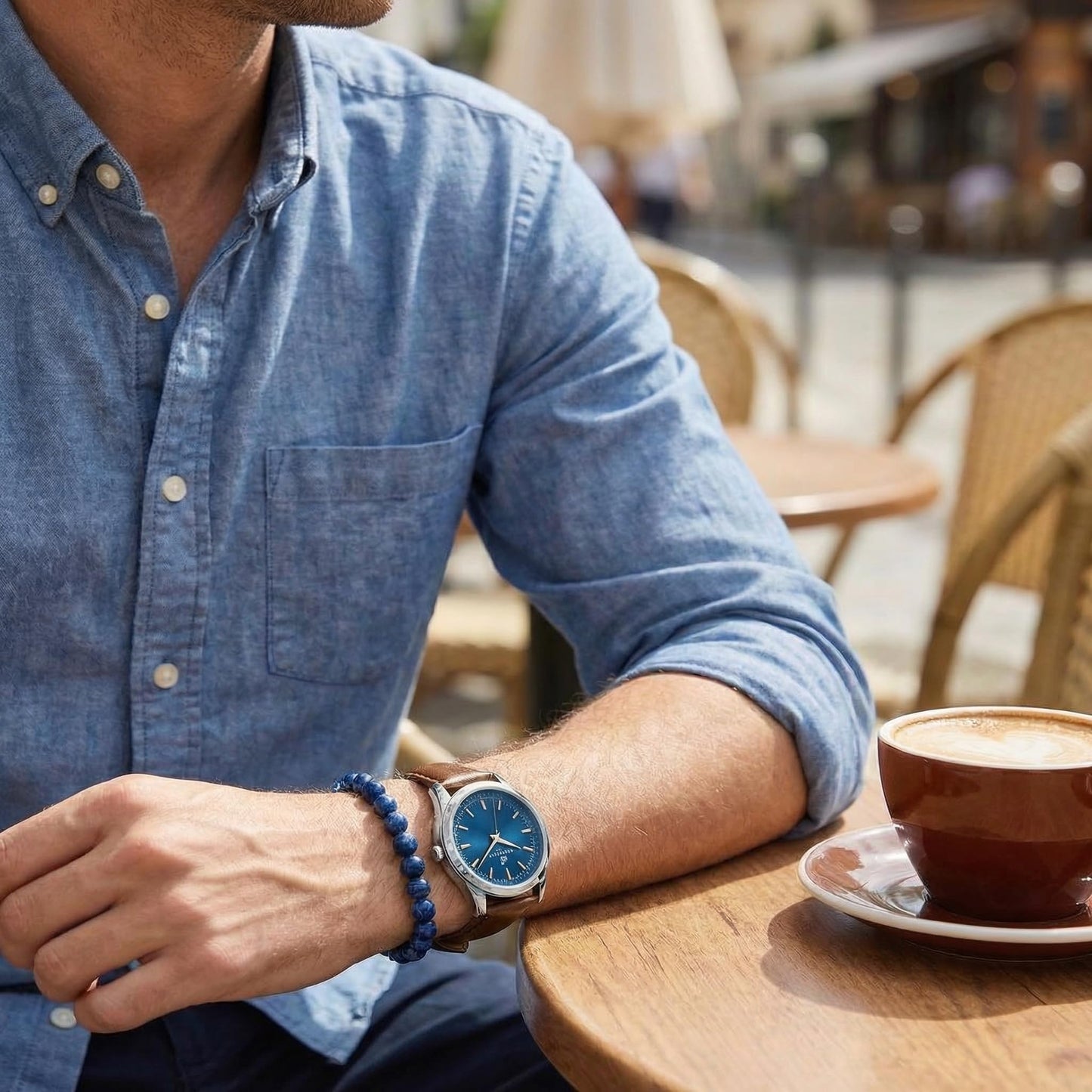 CARIBBEAN JOE Men’s Watch & Blue Sodalite Beaded Bracelet Set – 41mm Silver-Tone Case, Blue Sunray Dial, Gold-Tone Luminous Markers, Brown PU Strap, 8mm Natural Stone 8” Bracelet