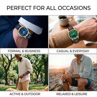 CARIBBEAN JOE Men’s Watch Set, 41mm + 40mm Goldtone Cases, Blue & Green Sunray Dials, Luminous Indexes, PU Straps