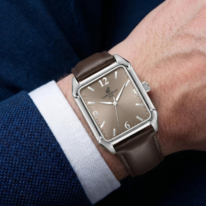CARIBBEAN JOE Men’s Watch, 36mm Rectangular Case, Silvertone, Brown Sunray Dial, Luminous Indexes, Dark Brown PU Strap