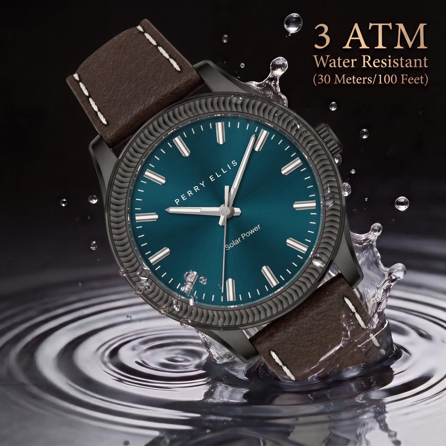 Perry Ellis Men's Solar Watch – Round Gunmetal, Dark Teal Sunray Dial with Luminous Hands, Adjustable Brown Leather Strap, Water Resistant 3ATM, Quartz Analog Fashion Accessory