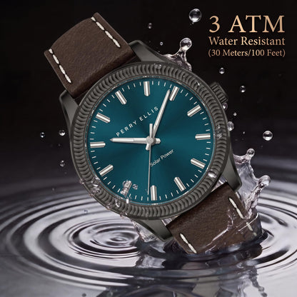 Perry Ellis Men's Solar Watch – Round Gunmetal, Dark Teal Sunray Dial with Luminous Hands, Adjustable Brown Leather Strap, Water Resistant 3ATM, Quartz Analog Fashion Accessory