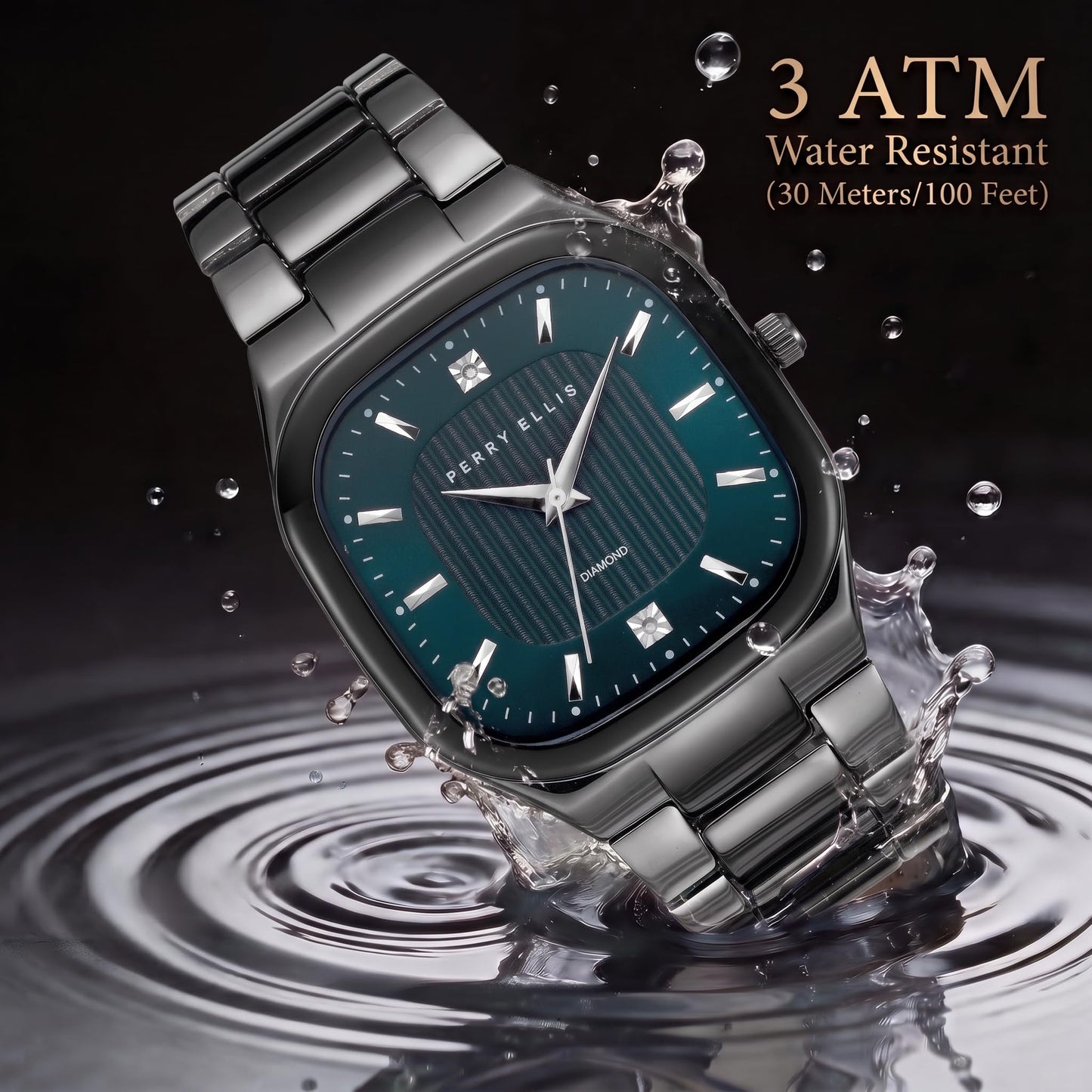 Perry Ellis Ultra Slim Men’s Watch – Cushion Light Gun 40mm Case, Teal Blue Hydraulic Press Center Dial with Sunray Finish, Two 0.9mm Diamond Accents, Silver Faceted Indexes, Alloy Bracelet