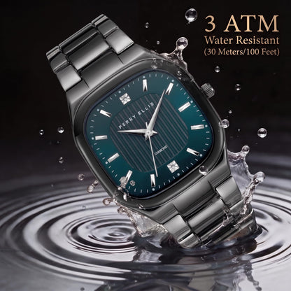 Perry Ellis Ultra Slim Men’s Watch – Cushion Light Gun 40mm Case, Teal Blue Hydraulic Press Center Dial with Sunray Finish, Two 0.9mm Diamond Accents, Silver Faceted Indexes, Alloy Bracelet