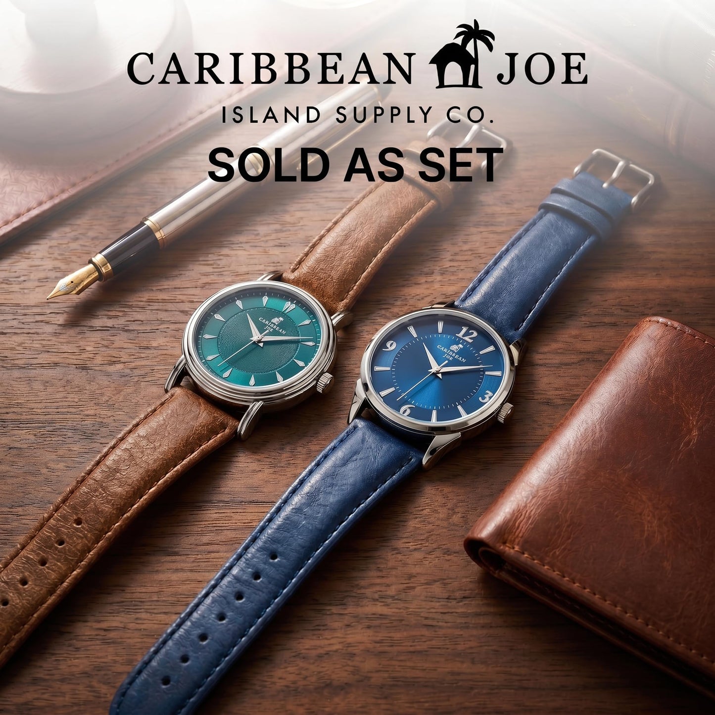 CARIBBEAN JOE Men’s Watch Set, 41mm + 40mm Silvertone Cases, Teal Blue & Blue Sunray Dials, Luminous Indexes, PU Straps