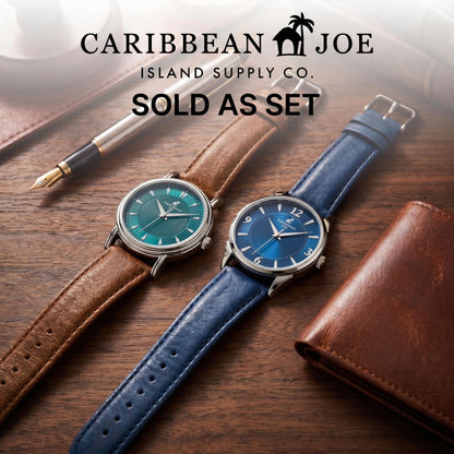 CARIBBEAN JOE Men’s Watch Set, 41mm + 40mm Silvertone Cases, Teal Blue & Blue Sunray Dials, Luminous Indexes, PU Straps