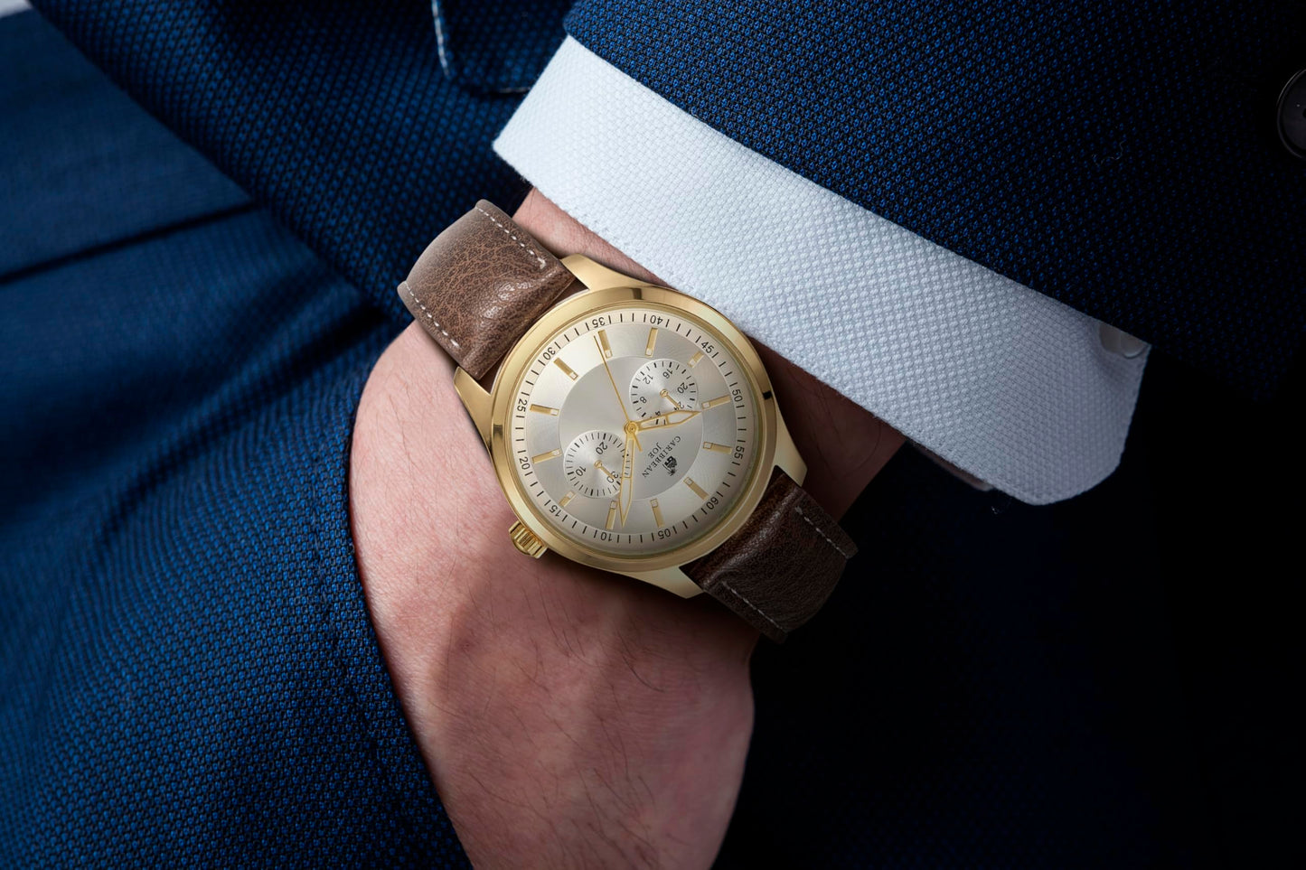 CARIBBEAN JOE Men’s Analog Watch with Silver Sunray Two-Zone Dial, Gold-Tone 41mm Round Case, Decorative Subdials, Brown Vegan Leather Strap, Quartz Movement, Casual Dress Wrist Watch