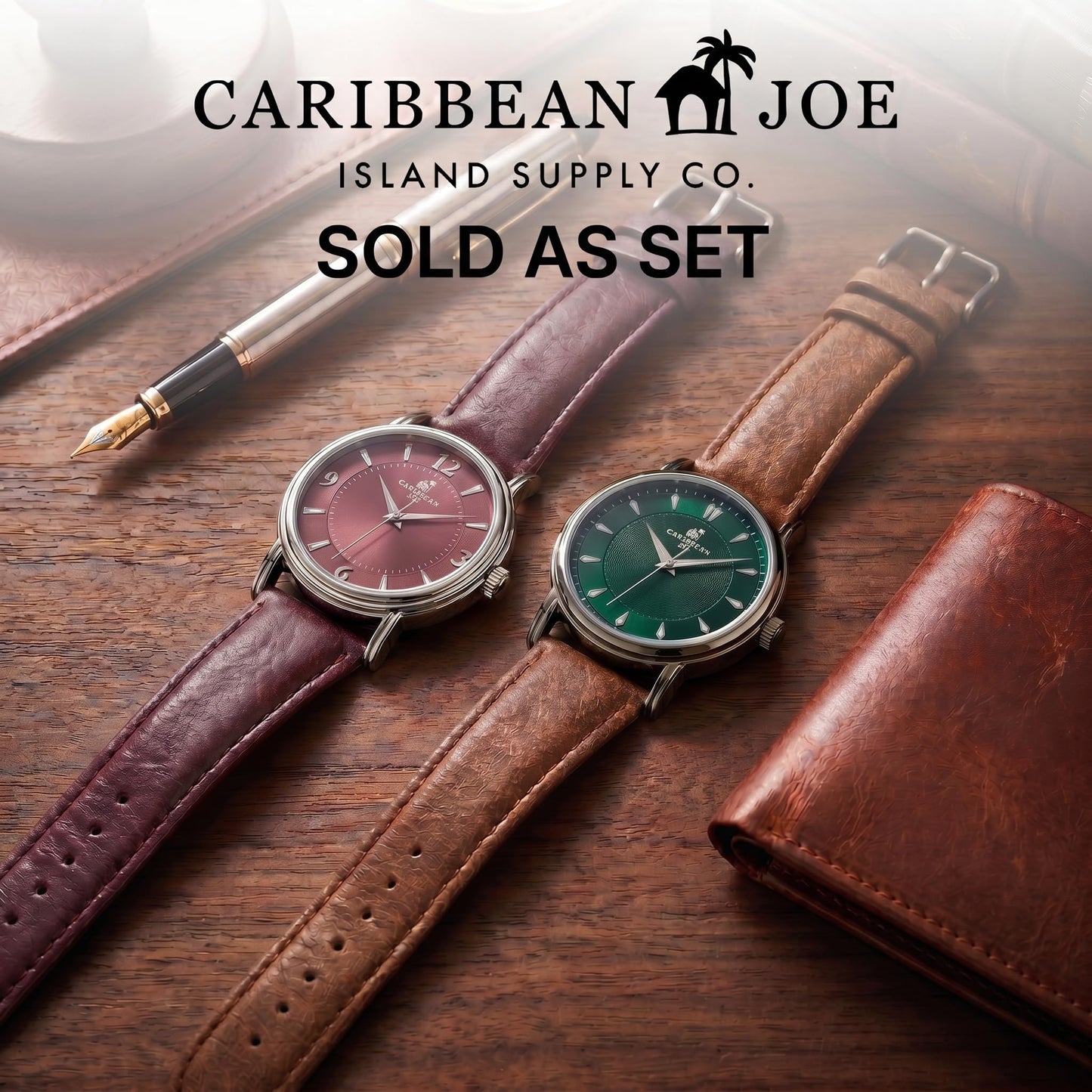 CARIBBEAN JOE Men’s Watch Set, 41mm + 40mm Light Gunmetal Cases, Green & Burgundy Sunray Dials, Luminous Indexes, PU Straps