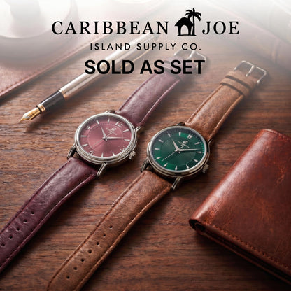 CARIBBEAN JOE Men’s Watch Set, 41mm + 40mm Light Gunmetal Cases, Green & Burgundy Sunray Dials, Luminous Indexes, PU Straps