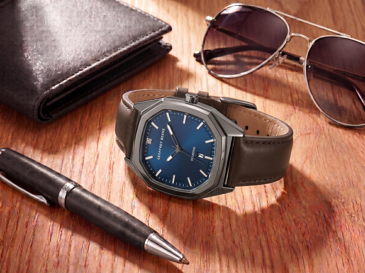 Geoffrey Beene Men’s Octagon Gunmetal Watch 41mm Blue Sunray Dial PU Strap Diamond Accent