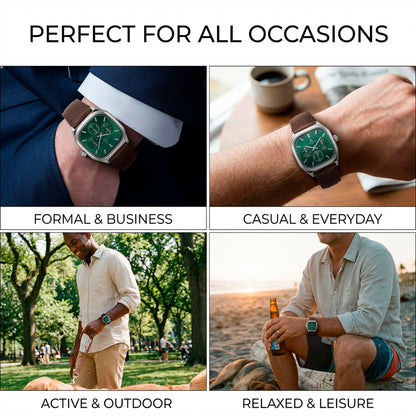 CARIBBEAN JOE Men’s Analog Watch with Square Silver-Tone 40mm Case, Dark Green Sunray Dial with Faux Subdials, Brown PU Leather Strap, Quartz Movement, Casual Fashion Wrist Watch