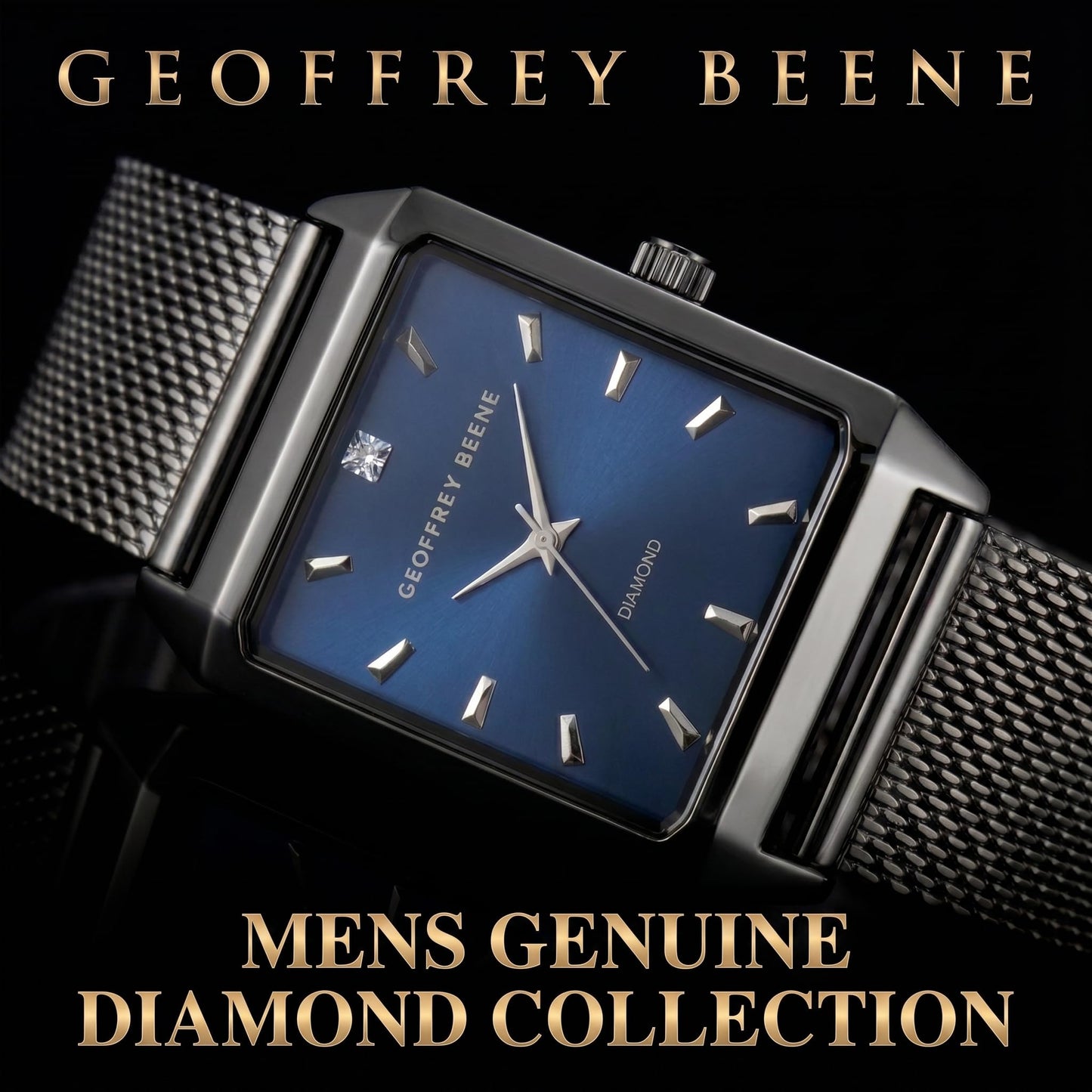 Geoffrey Beene Men’s Rectangular Gunmetal Watch 33mm Blue Sunray Dial Mesh Bracelet Diamond Accent