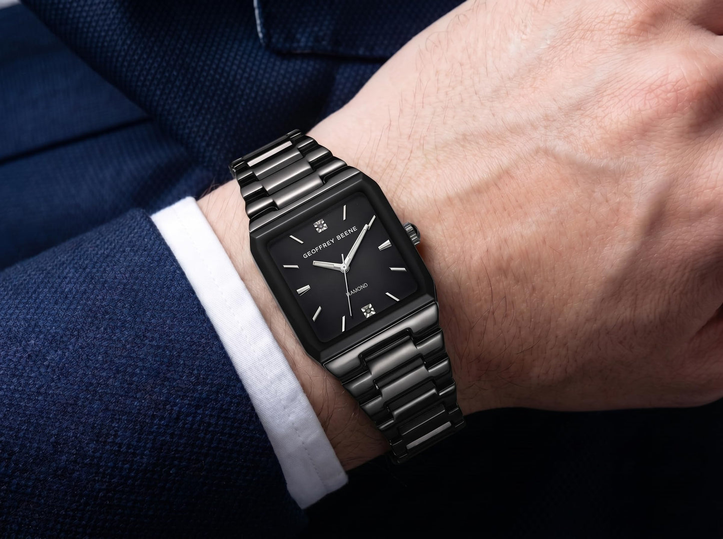 Geoffrey Beene Men’s Square Gunmetal Watch 33mm Black Sunray Dial Bracelet Diamond Accent