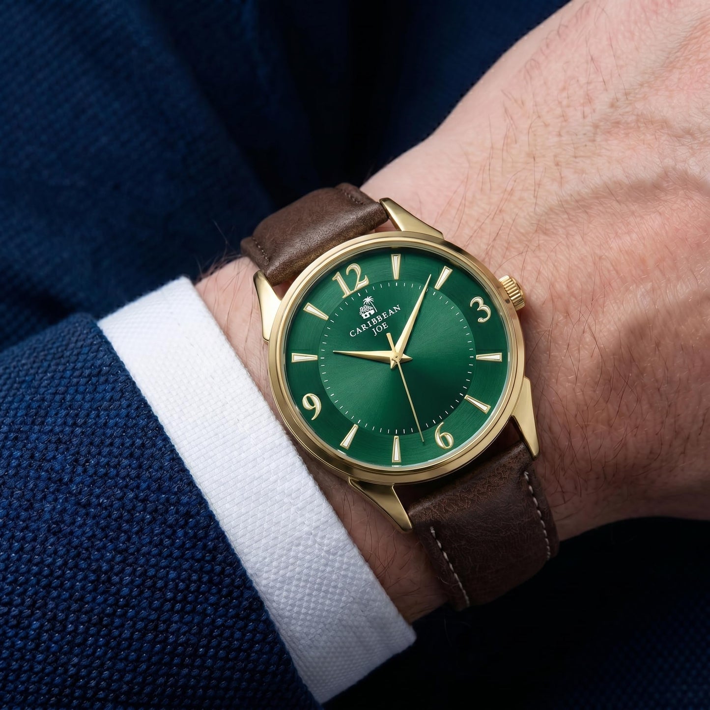 CARIBBEAN JOE Men’s Watch Set, 41mm + 40mm Goldtone Cases, Blue & Green Sunray Dials, Luminous Indexes, PU Straps